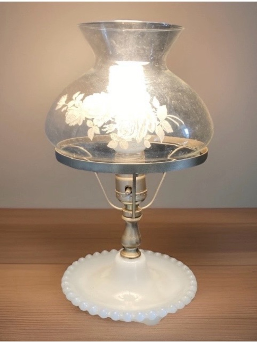 Vintage Hobnail Milk Glass Hurricane Parlor Table Lamp W/Etched Rose Shade